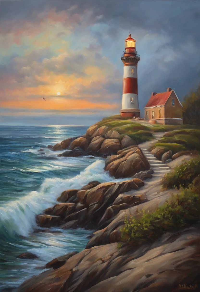 oil painting of a lighthouse on the coast of main