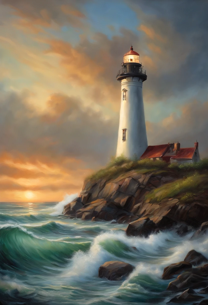 oil painting of a lighthouse on the coast of main