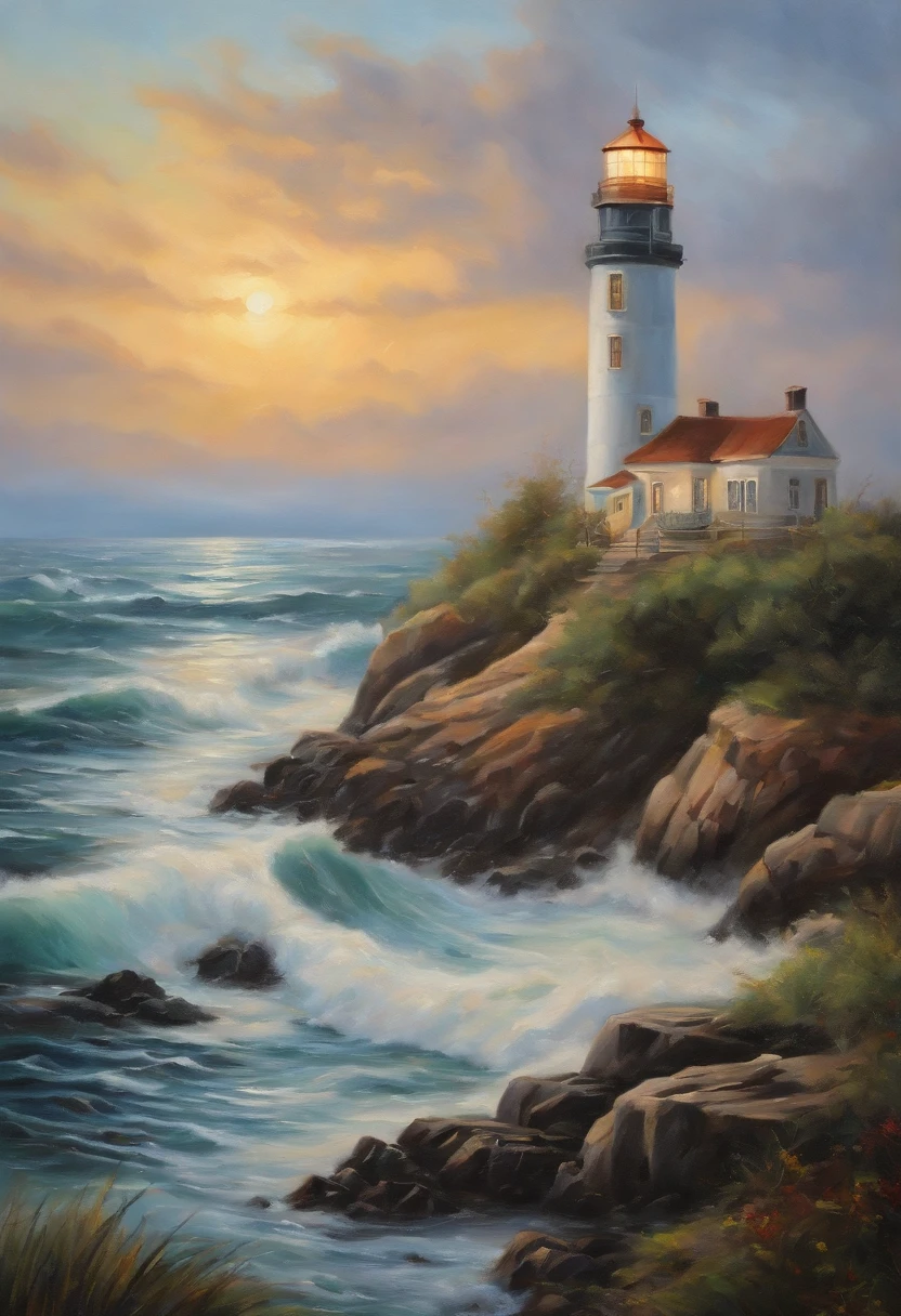 oil painting of a lighthouse on the coast of main