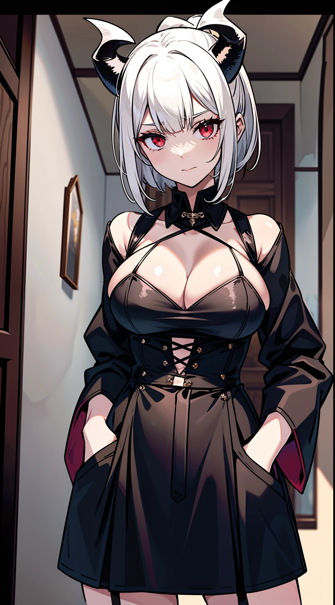 White hair,red color eyes,horse tailed,The demons, short detailed hair,Ponytail hairstyle,Dashing, longer sleeves,devil horns, Lori huge breasts cleavage,Black and white,Put your hands in your pockets,flatchest,Thin,Manteau, Lori huge breasts cleavage,leg loops,Demon tail,A look of disgust,Inside the gloomy castle,{{Best quality}}, {{Masterpiece}}, {{Ultra-detailed}}, {illustration}, {Detailed light}, {An extremely delicate and beautiful}