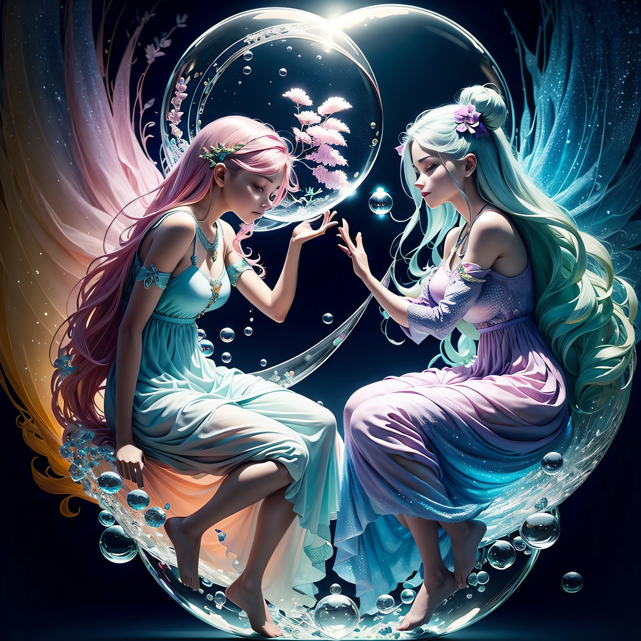 A pintura gerada pela IA do Sea Art retrata uma imagem fascinante de yin yang, (max quality, design requintado, best ilumination, melhor sombreamento). statue of 2 mermaids in the form of Yin Yang. dentro de uma bola de cristal, sob a lua e o sol, bringing to life the harmony and interconnectedness of opposing forces and duality. detalhes detalhados e realistas, intrincado, carved in pink marble and lilacs, brilhando com luar e luz solar, A perfect balance between light and dark, mystical and serene. dentro de uma bola de cristal, as duas metades: uma negra, representando o yin, e outra branca, simbolizando o yang. These details symbolize the mutual presence of opposing elements in each aspect. While yin contains a small point of yang, Yang also contains a small point of yin, creating a dynamic and harmonious balance. Essa pintura gerada pela IA do Sea Art transmite uma mensagem profunda sobre a dualidade do universo.