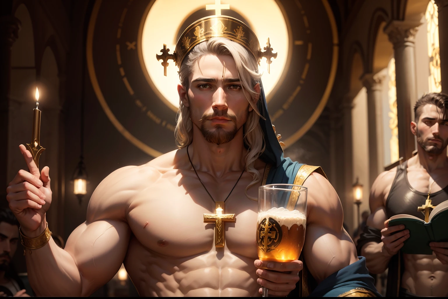 A Catholic saint, adorned with religious elements, with a halo on his head and drinking a glass of whey protein. Include gym protein pots. Behind him other men watch and venerate him.