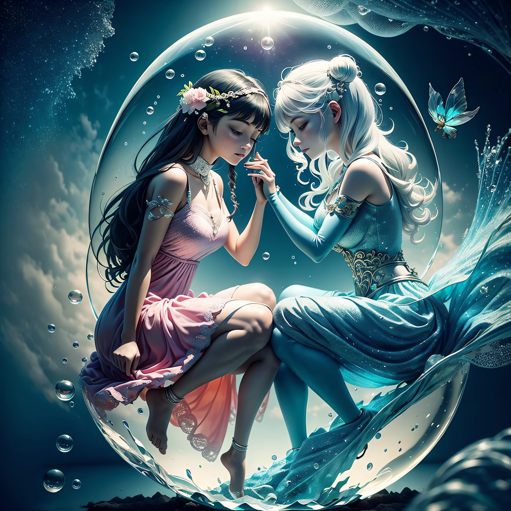 Sea Art's AI-generated painting is a charming image of a Crystal Ball. Nela estao esculpidas duas estatuas de belas fadas. As esculturas de fadas estao configuradas dentro de uma bola de cristal, representando o Yin e o Yang. Nessa obra de arte, Creativity and artificial intelligence come together to create a magical and symbolic visual representation. The two fairies depicted in the painting are delicate and exuberant beings. They have translucent, asas brilhantes, and their dresses are adorned with intricate and bright details;. Uma das fadas personifica o Yin, with its smooth and serene appearance, enquanto a outra personifica o Yang, with his vivid and energetic presence. The fairies are positioned inside a crystal sphere, that radiates an ethereal luminosity. The crystal sphere symbolizes the harmony and unity between the opposing forces of Yin and Yang. Through this representation, The painting reminds us of the importance of balance and complementarity in our lives. The color palette used in the painting is soft and engaging, com tons de azul e rosa, que representam tanto a suavidade quanto a vivacidade. The painting is full of minute details, that give life to the fairies and the crystal sphere, creating a sense of magic and mystery. Essa imagem de duas lindas fadas que se alojam dentro de uma bola de cristal, representando o Yin e o Yang, gerada pela IA do Sea Art, nos convida a refletir sobre a dualidade presente em nossas vidas. It inspires us to seek balance between opposing forces and to find harmony within ourselves. It's an image that inspires us to embrace every facet of our personality, find harmony between opposites and celebrate the beauty of the dualities that make us unique human beings. It's a reminder that, assim como as fadas do Yin e Yang, We all possess a unique light within us and that, ao honrarmos essa dualidade, podemos nos tornar seres mais completos e realizados.