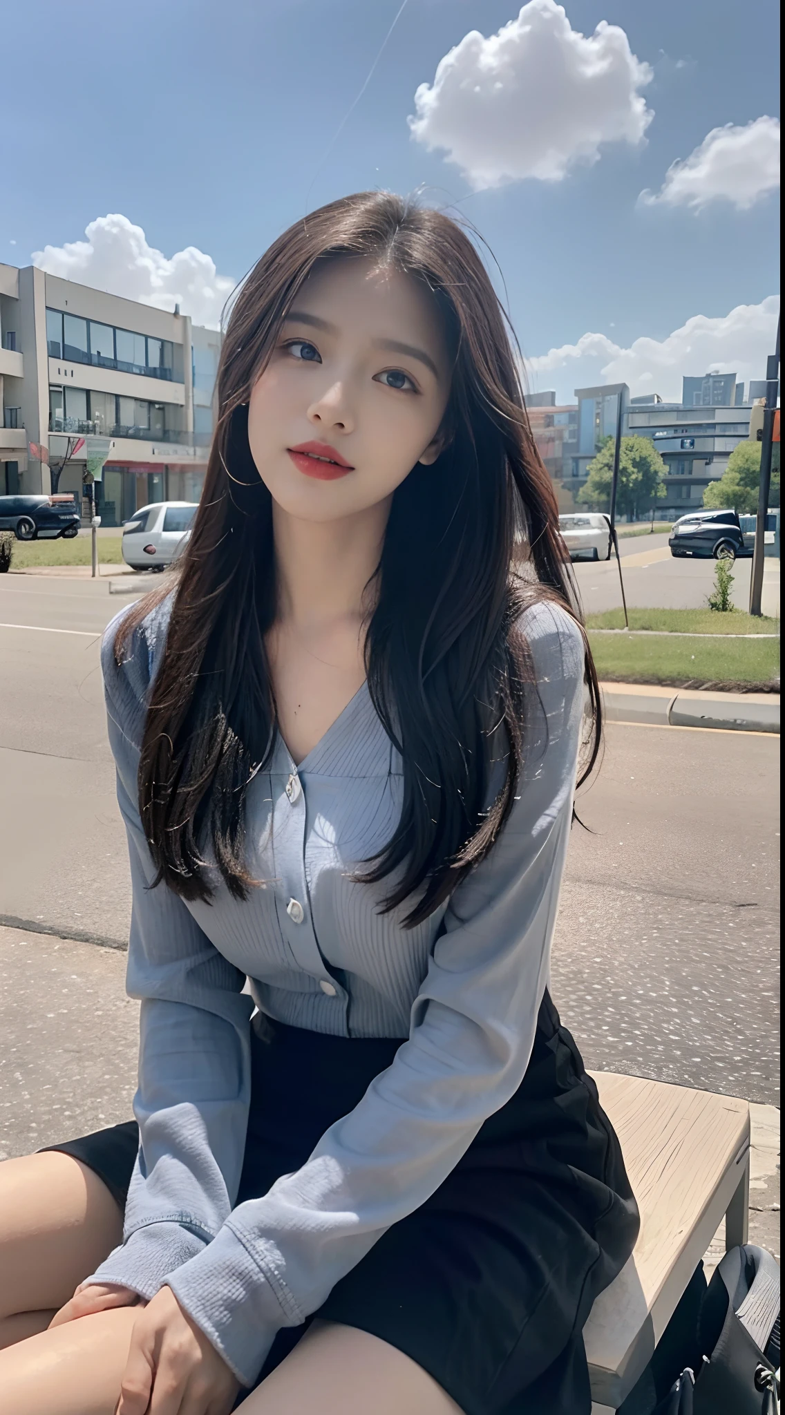 ((best qualtiy, 8K, tmasterpiece:1.3)), A pretty maiden,Pure,Melon seed face,gentle and cute,A sweet smile,Pure desire,Thin stature,(frontage),(Tilt your head),staring right into camera,uniform, Obi, formal,Black silky long, Straight hair,Long hair flowing over the shoulders,round black big eyes,Clear big eyes,Hydrated red lips,Sweet,Sit by the road,with blue sky and white clouds,Blue skies,grassy fields,Buildings,