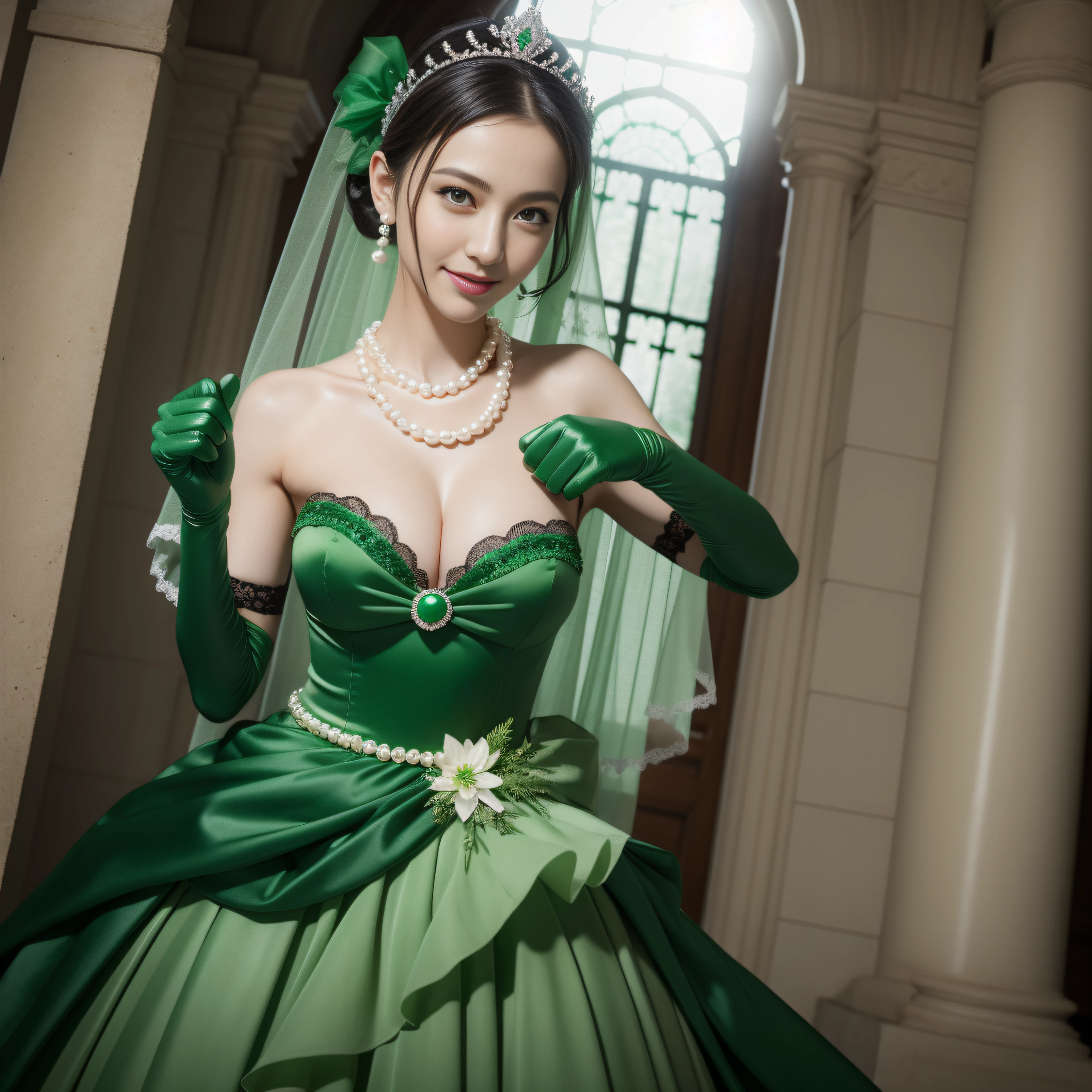 Green Dress Flower Cleanser,Sense of atmosphere, best qualtiy,tmasterpiece,1girll,30-years old,Green dress,Daytime Church,full body Esbian, Green gloves,With short black hair,big breasts beautiful,looking at viewert,ssmile,Green Bridal Veil,Green Long Grove,Satin green long gloves, lipsticks, Pearl Necklace、Green gloves,emerald tiara, Thumbs up, A Japanese Lady, Pregnancy, Look forward
