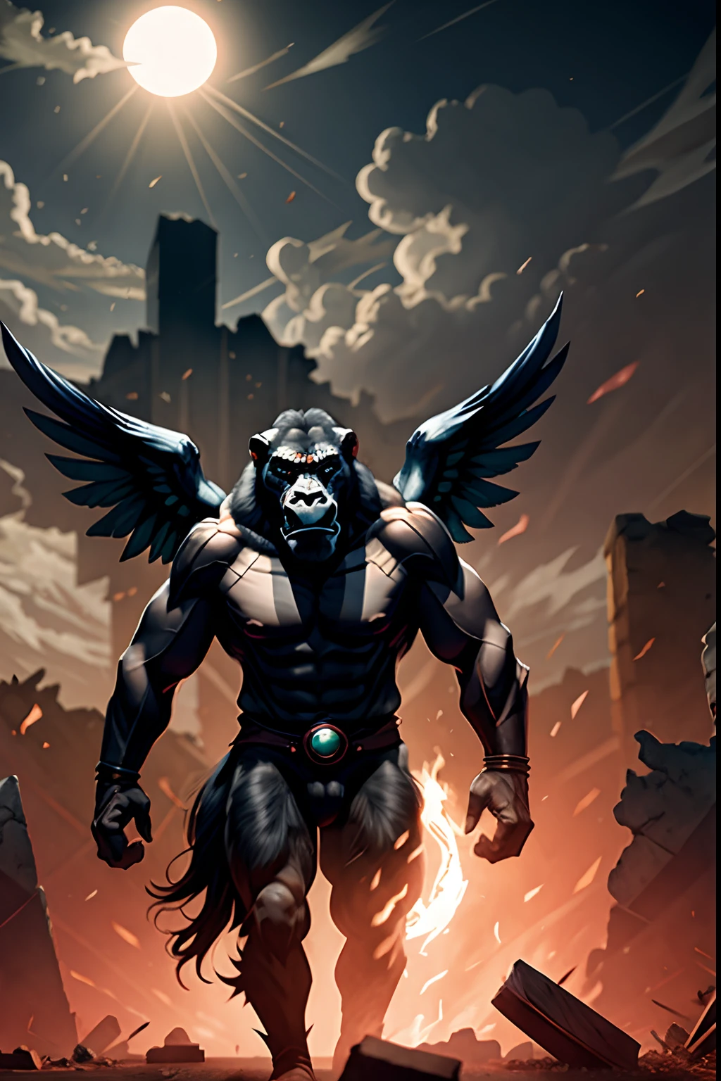 Conan faces a demonic gorilla with wings in a ruined city,obra-prima, melhor qualidade, alta qualidade, highes definition, textura de alta qualidade, sombra de alta qualidade, alto detalhe, realista, cinematiclight, side-lighting, reflexo de lente, Rastreamento de raio, foco nítido,