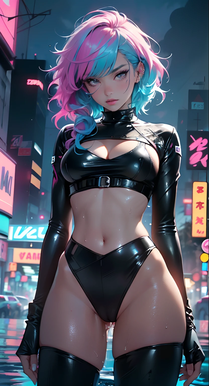 cute cartoon girl,(((1girl))),((extremely cute cartoon girl with liquid paint hair)),
(large breasts:1.4),(((very long hair,absurdly long hair,hair down to the waist,liquid paint hair:1.1,neon purple hair|neon pink hair|neon blue hair|neon aqua hair|purple hair|fuchsia hair|fluorescent blue hair|amethyst hair|neon hair|bright pink hair :1.5,bright hair: 1.3,hair made of paint and defies gravity,thick flowing,paint splatter:1.3,shiny hair: 1.3,vibrant colored hair))),((heterochromia:1.5,eye1 purple,eye2 pink,upturned eyes:1.3,perfect eyes,beautiful detailed eyes,finely detailed beautiful eyes:1,symmetrical eyes:1)),((fat)),(((lustrous skin:1.5,bright skin: 1.5,skin tanned,shiny skin,very shiny skin,shiny body,plastic glitter skin,exaggerated shiny skin,illuminated skin,wet legs))),(spider lower abdomen,narrow waist,wide hip,athletic body,inflated legs,delicate detailed fingers,detailed body,human hands,(detailed face)),
cute,slutty,seductive,erotic,(((nsfw)))
(((liquid paint clothes,clothes made of liquid paint,body paint))),underboob,with liquid paint micro clothes,body paint,dripping paint,liquid pain tiny thong,bare legs,((wet liquid paint clothes,detailed outfit,detailed liquid paint clothes)),
(dynamic pose:1.0),solo focus,embarrassed,(centered,scale to fit dimensions,Rule of thirds),
cyberpunk city by the ocean at night, with bright neon signs and dark stormy clouds and puddles,
High resolution, sharp focus, (ultra detailed, extremely detailed), (photorealistic artwork:1.37), 8k wallpaper,((synthwave background theme)),(((vibrant colors,))),(intricate),masterpiece,(best quality),synthwave neon colors,