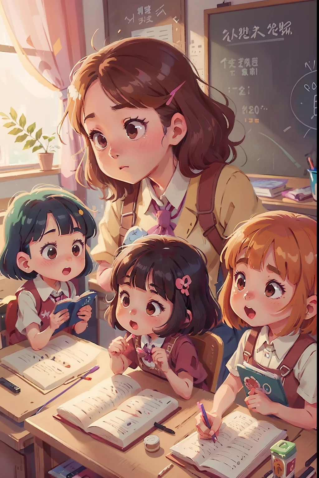 Anime female teacher with her students in the classroom, lovely art style, Digital anime illustration, Kawasi, anime illustration, in the art style of 8 0 s anime, childrens art in artstation, Anime style illustration, illustrated anime, author：Kim Jong-hee, Guviz-style artwork, Anime style artwork, by Yang J, author：Ryan Yee