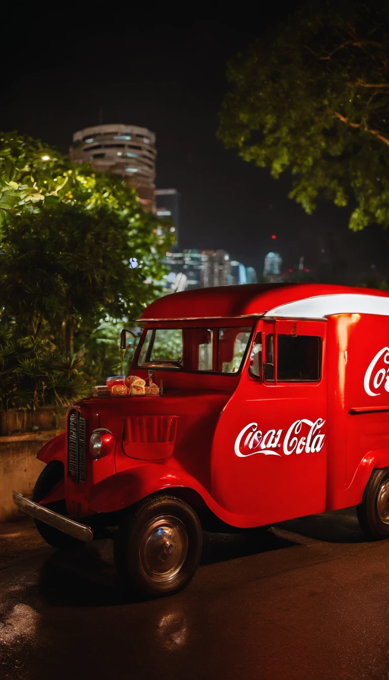 a festival vibe 'CoCa CoLa' mini truck with open back door to sell drinks in the park, in the night, urban 'Ho Chi Minh city' background, directly view point at the back of the truck,