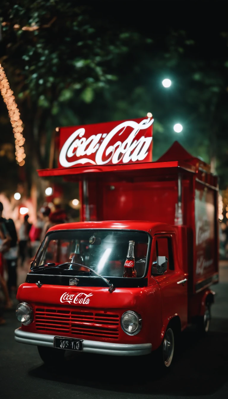 a festival vibe 'CoCa CoLa' mini truck with open back door to sell drinks in the park, in the night, urban 'Ho Chi Minh city' background, directly view point at the back of the truck,