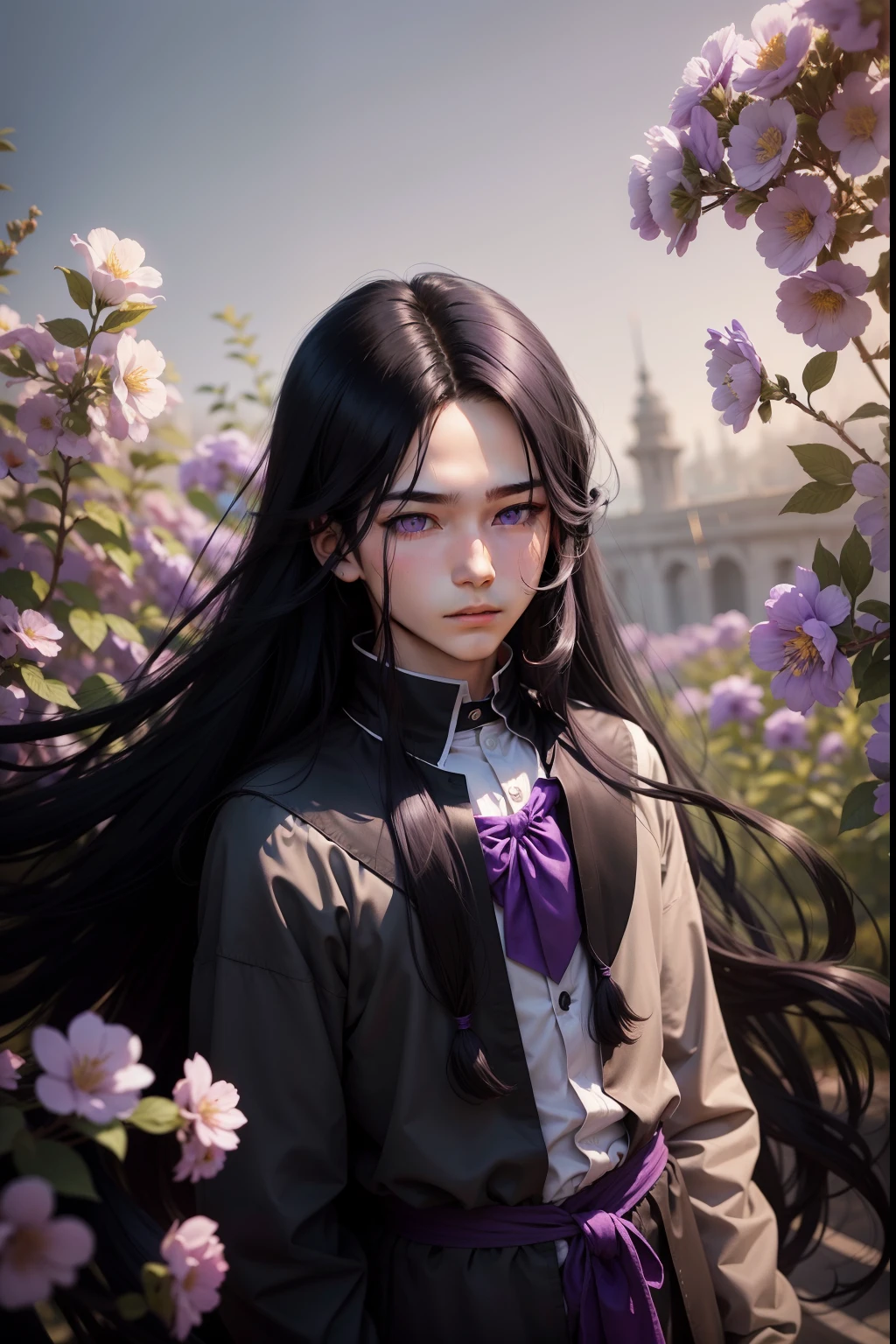 1 boy, long black hair, purple eyes, surrounded by purple flowers