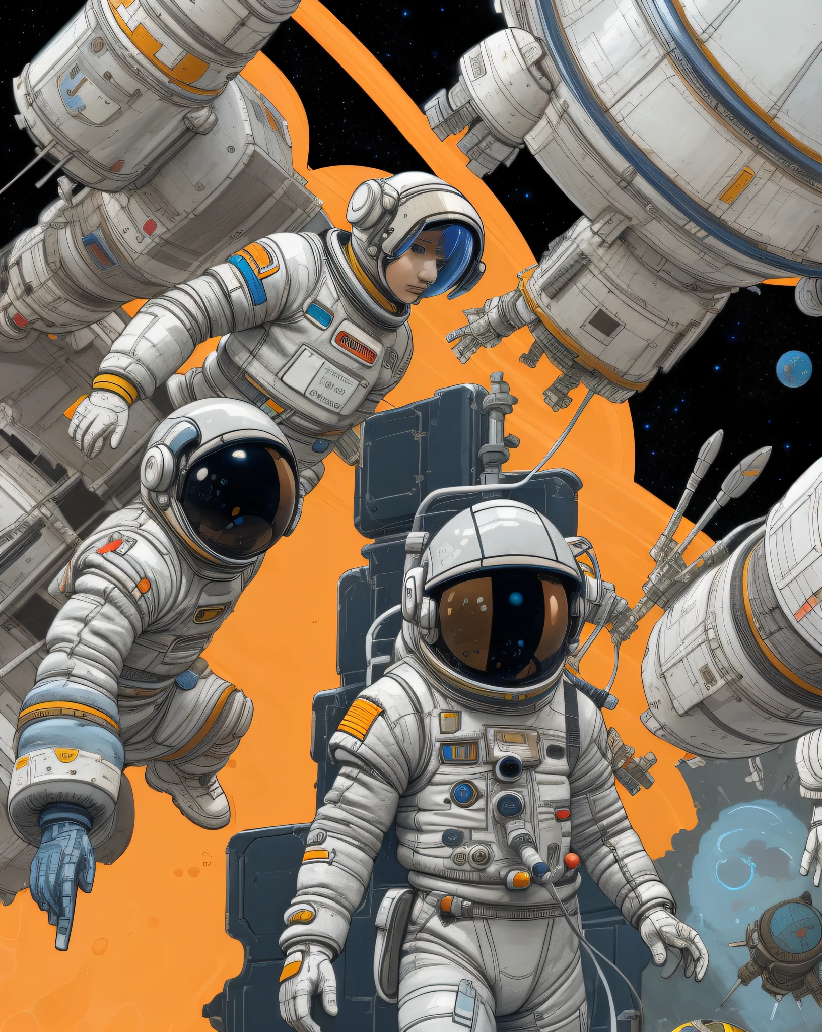 Astronaut in outer space with space station child, Mobile game art, space walk scene, spacewalk, space graphics art in background, full color digital illustration, Space travelling, detailed digital illustration, Commercial illustration, In space, scifi illustration, painting of a：Robot Jones, Mobile game background, big tech art style, The astronaut