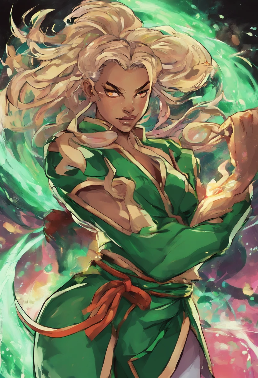 uma mulher deslumbrante com longos cabelos negros e brilhantes, que caem em cascata pelas suas costas. His eyes have a mesmerizing hue of emerald green that seems to glow in the dark. Her skin is impeccably pale, giving it an ethereal and mysterious appearance.
Ela possui uma figura escultural, with sinuous curves and an aura of confidence that attracts the attention of everyone around you. Their fighting clothes are sexy, mas funcionais, combinando elementos de armadura e roupas justas que destacam suas habilidades de combate.