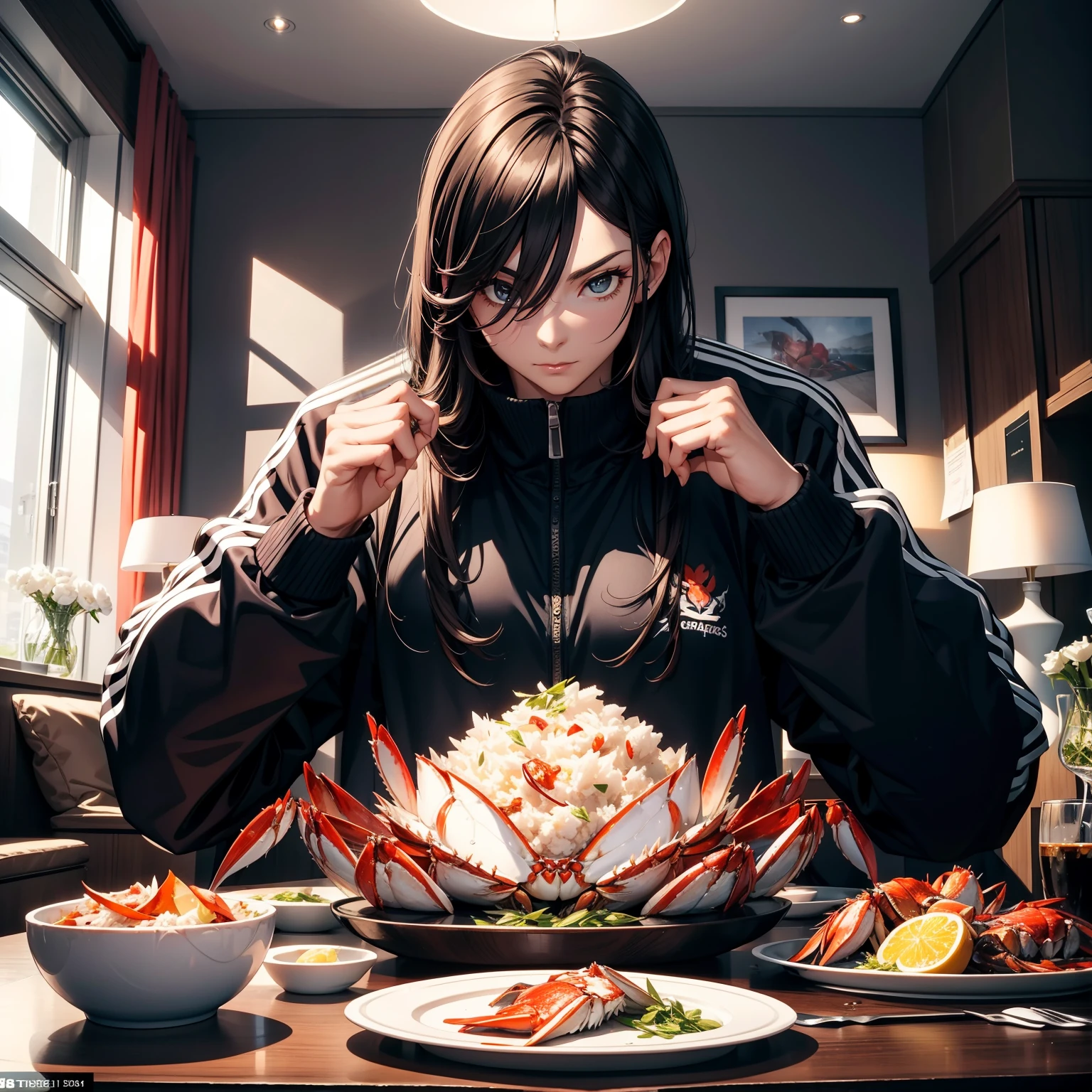 Best quality,tmasterpiece,Beutiful women,Dark tracksuit,Eating crabs,Holding a large crab leg,Eat meat from crab legs,On the table was a large crab weighing more than 50 kilograms,Occupy the table,depth of fields,sofe,modern apartment,inside a room