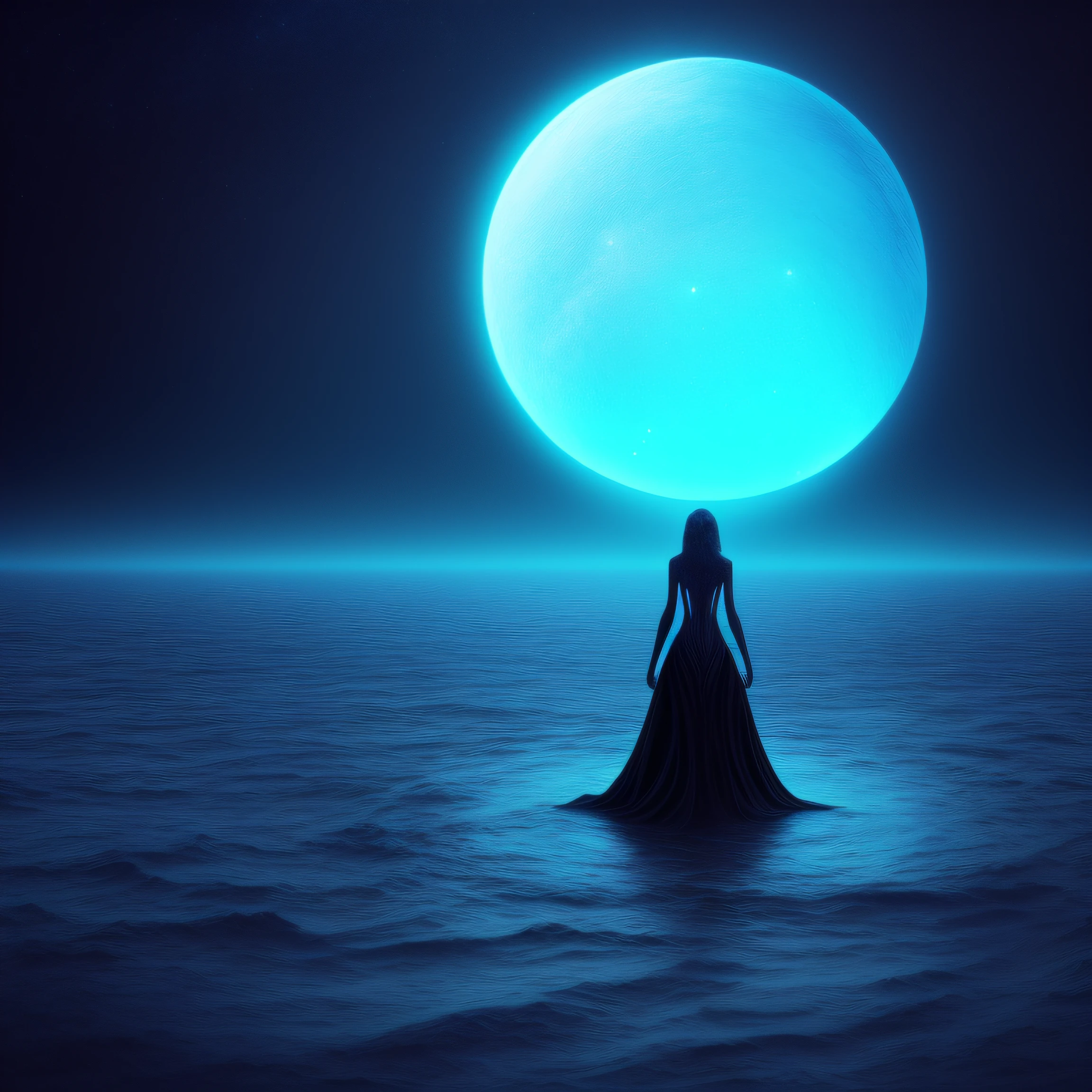 There is a water being in the water with a foreign object, « Femme on a galactic shore, escena surrealista, en el multiverso, floating across the cosmic ocean, flotando junto a planetas, Surreal Dark Otherworldly Mood, flotando en el universo, Floatiung frente a una nebulosa, in a surreal dreamscape, Neosurrealismo. arte digital, Surreal Dreamscape Octane Render 4k