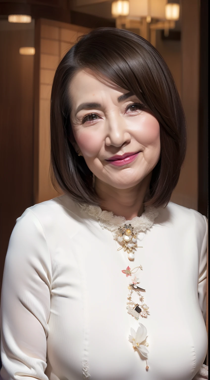 gravure, from the chest up, masutepiece, Best Quality, Ultra-detailed, Photorealistic, super detailed skin, Perfect Anatomy, (1 Japan), (Solo), 80years old, Fancy makeup, Large breasts, Mature Actress, glamor, A sexy, Chromo-white skin, looking at view
