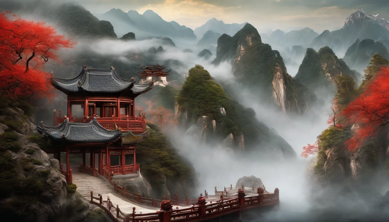 chinse landscape，chinese painting style，Extreme detail, 8K, hyper qualit, Masterpiece, illustration, Photorealistic, Ultra photo realsisim, intricate sharp details, Dramatic lighting, Chinese landscapes made and carved with fine porcelain and white marble,