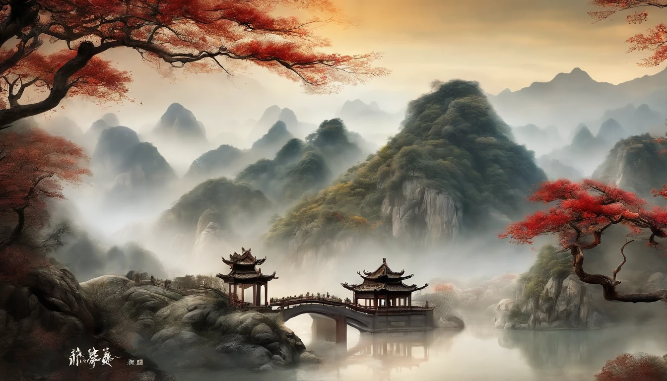 chinse landscape,chinese painting style,Extreme detail, 8K, hyper qualit, Masterpiece, illustration, Photorealistic, Ultra photo realsisim, intricate sharp details, Dramatic lighting, Chinese landscapes made and carved with fine porcelain and white marble,