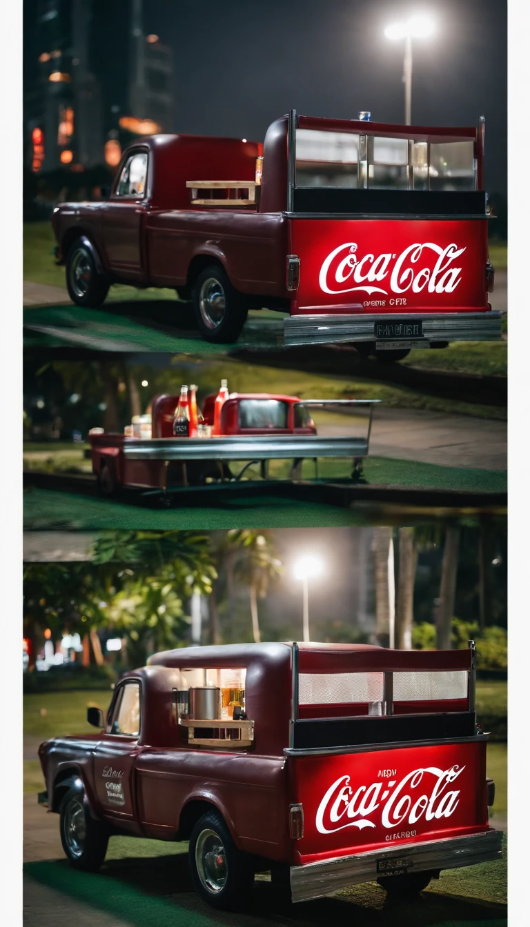 a festival vibe 'CoCa CoLa' mini truck with open back door to sell drinks in the park, in the night, urban 'Ho Chi Minh city' background, directly view point at the back of the truck,
