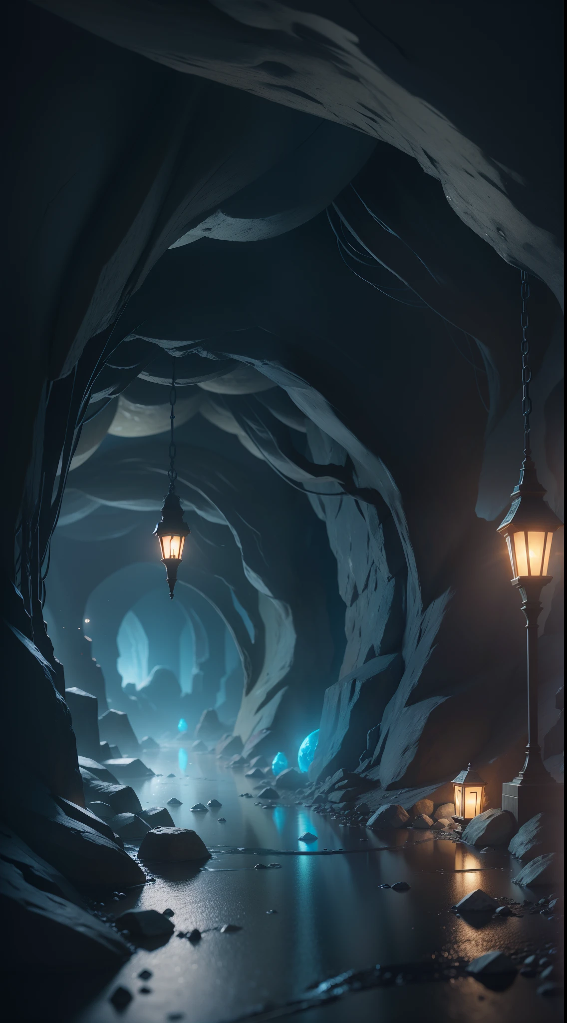 Dwarven magical forge, brightly lit cave, blue magical lamps, dungeons and dragons, rpg, hi res, 4k, 8k, 16k, ultrahd, realistic, photon mapping, radiosity, cinematic lighting, sharp focus, ultrahigh res, best quality, cinematic epic + rule of thirds, volumetric lighting, volumetric light, concept art, portait image, path tracing, high quality, highly detailed, 8K,, warm colors, concept art,