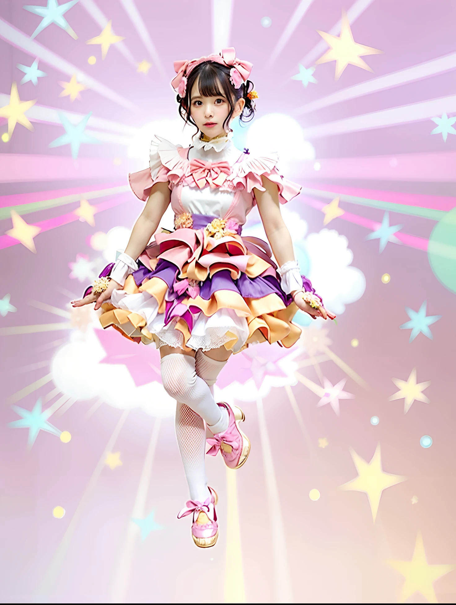 Alaveh in peach-colored satin dress and pink shoes poses for photo, frilly outfit, style of magical girl, Belle Delphine, juri misaki, angelic pretty, kawaii decora rainbowcore, kinomoto sakura, Wearing a purple romantic tutu, full body with costume, sayori, frilld, kawaii playful pose of a dancer
