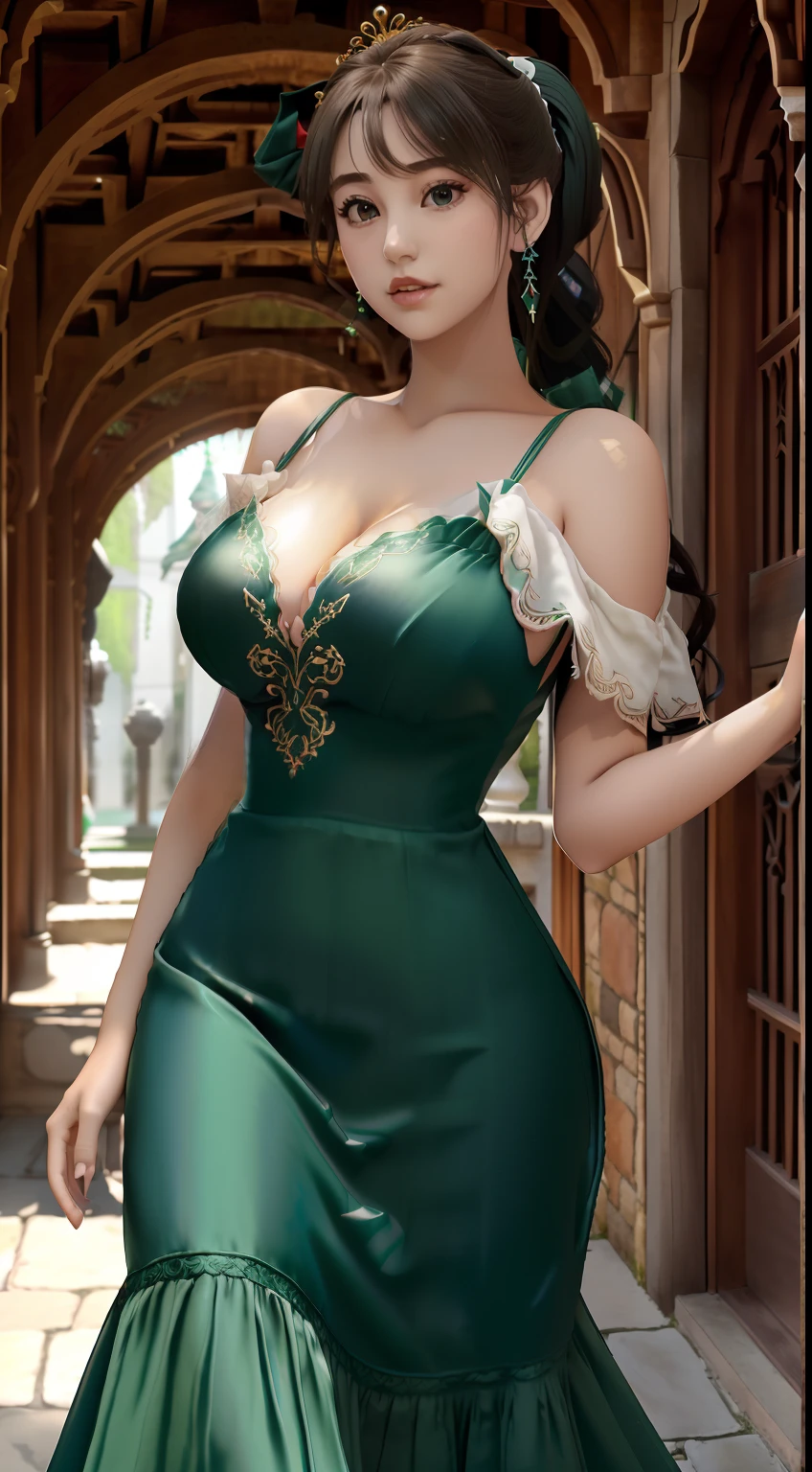((Transparent emerald green gothic type long dress(Gold and red three-dimensional embroidery,White decoration))),masterpiece, top-quality, 超A high resolution,8K,32K,1girl in,Girl walking in stone corridor in medieval Europe, (Photorealsitic:1.5), natural soft light, beautiful countenance,Gentle face, Detailed puffy eyes, 年轻, Detailed eyes and lips, Detailed skin and fabric texture,((curlyhair, cabelos preto e longos,High Up Ponytail,Cute big white ribbon on ponytail)), (((Tube Top,off shoulders,v neck,Emerald Green Silk Long Dress、White decoration))),adolable, striated hair,kindly smile, Red Jade Necklace, is standing, , japanaese girl, (((Inside a castle in medieval Europe、((Emerald green long dress)),(Colossal tits:1.3,cleavage of the breast,Sensual body lines,Gothic loli)),Poses in motion(Walk gracefully),dynamicposes,dynamic ungle,Background with(stone pavement、Stone corridor,Inside a castle in medieval Europe,Rococo style,gothic styles,Brick building)