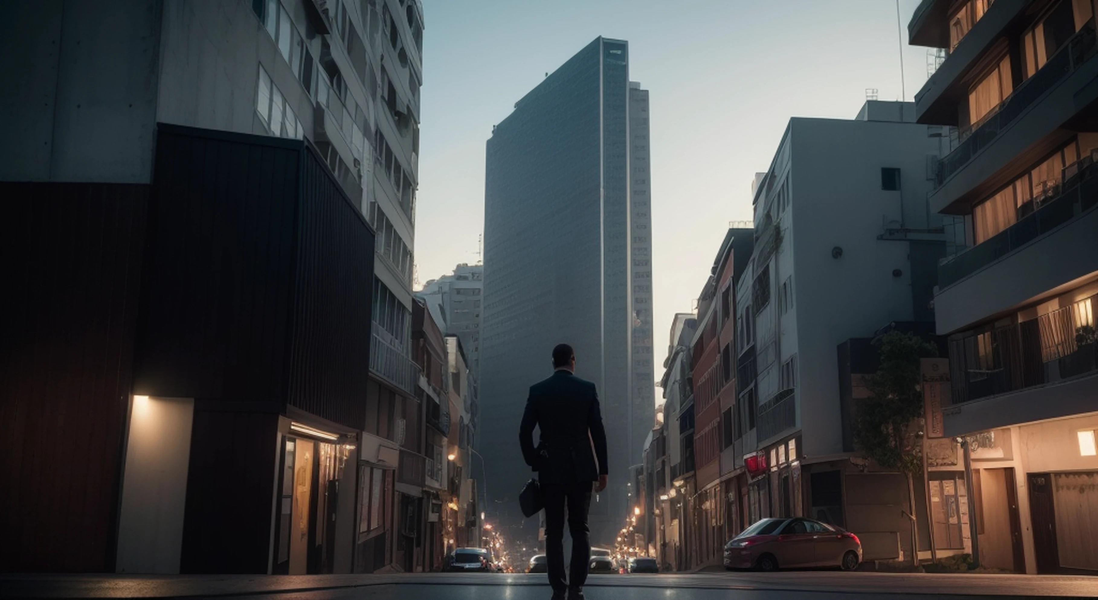 (alta qualidade,Realistic,fotorrealista:1.2),homem detalhado,Back view,um homem de terno,Vista traseira de um homem,Building with luminous façade,Pessoas borradas andando ao fundo,pessoas desfocadas em segundo plano