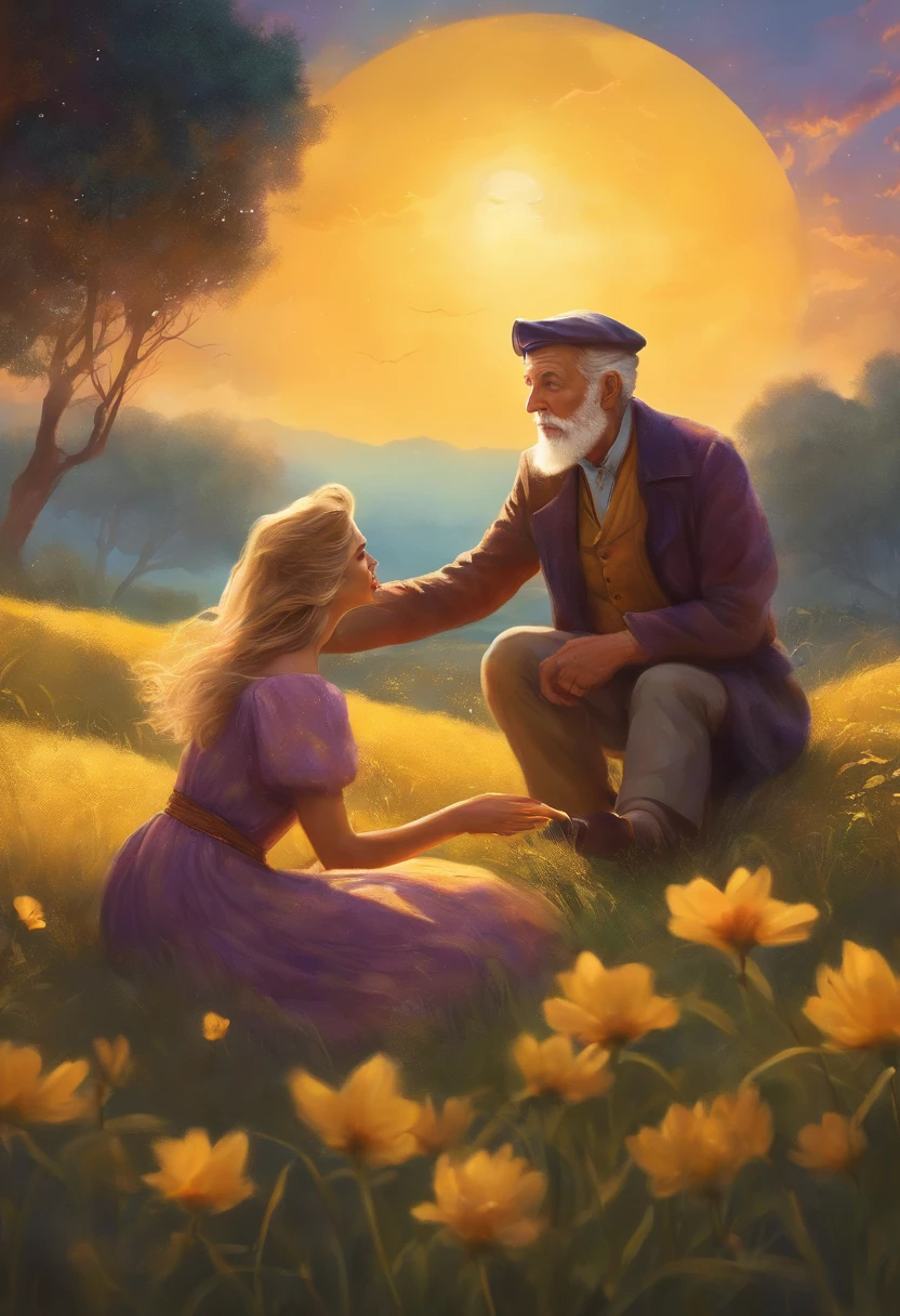 Illustration up to high adventures old man and his still young wife lying on the grass pointing to the merry sky, com apenas as cores amarelo e roxo vibrantes