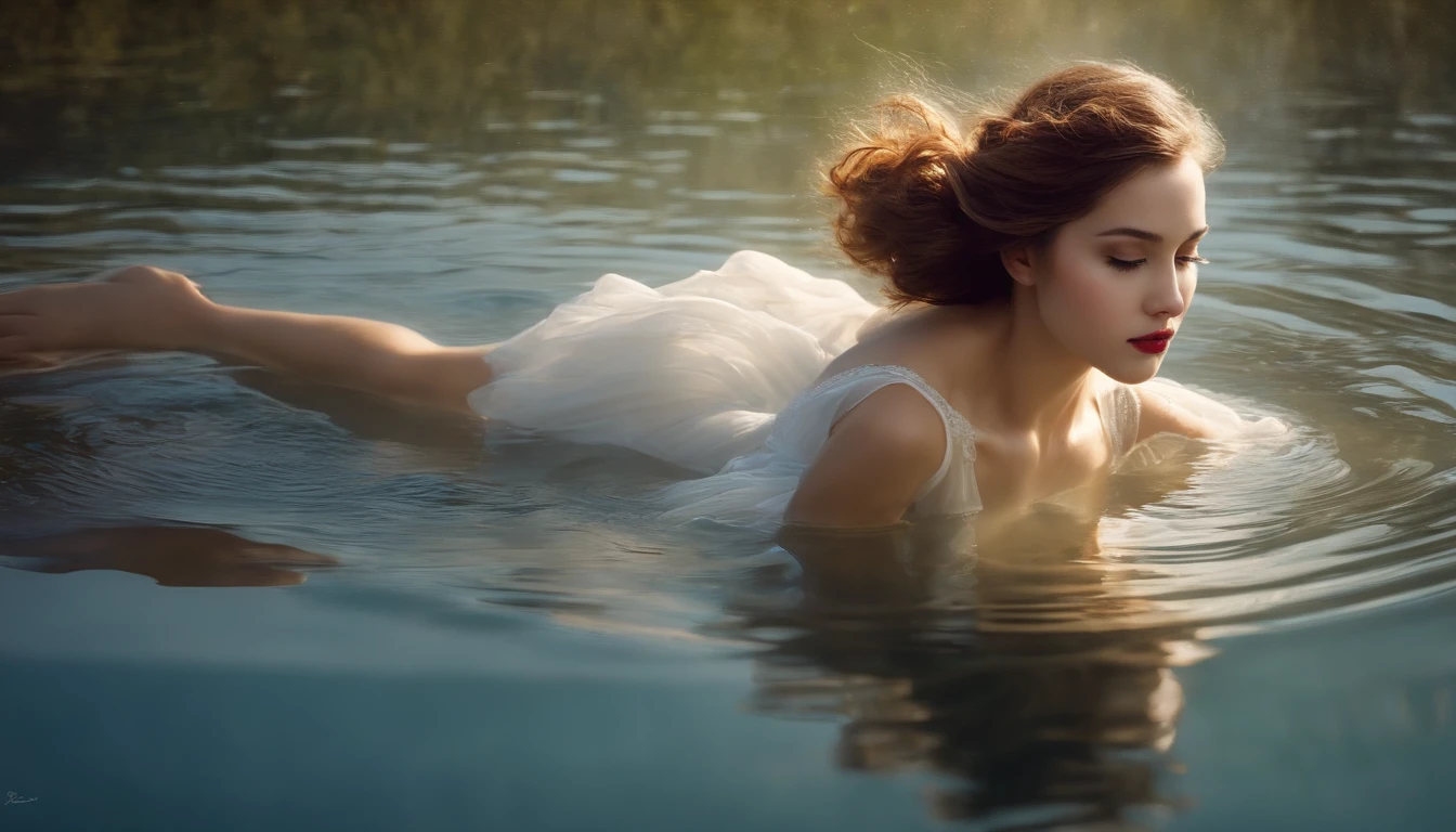 Girl swimming in the lake, 独奏, Dressed in a white dress, Elegant, artistic,  (Photorealsitic: 1.4), top-quality, ​masterpiece, ultra-detailliert, lighting like a movie