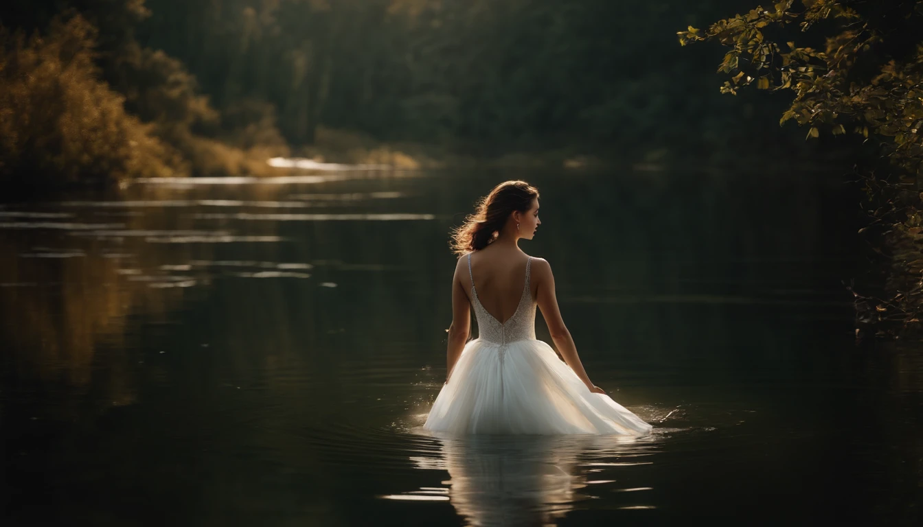 Girl swimming in the lake, 独奏, Dressed in a white dress, Elegant, artistic,  (Photorealsitic: 1.4), top-quality, ​masterpiece, ultra-detailliert, lighting like a movie