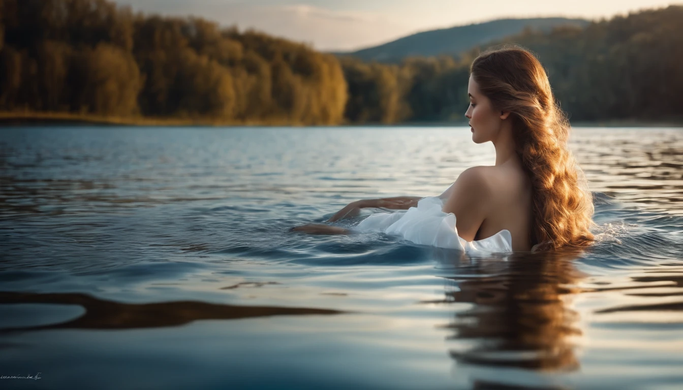 Girl swimming in the lake, 独奏, Dressed in a white dress, Elegant, artistic,  (Photorealsitic: 1.4), top-quality, ​masterpiece, ultra-detailliert, lighting like a movie