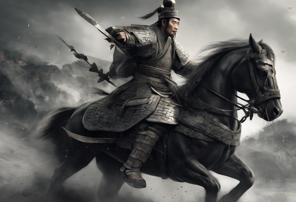Chinese soldiers, Shields, Swords, Combat-ready armor, Disciplined formations, powerful warrior, Intricate designs on shields and swords, Determined soldiers, Ancient battlefield, Intense fight scenes, Heroic acts, Historical battles repeat themselves, Finely crafted weapons, Highly skilled soldiers, Synchronize motion, Shang Wu spirit, Traditional Chinese war, Legendary Campaign, Strategic war tactics, Honor and bravery, Resolute expression, Adrenaline rushing moments, Military precision, Battlefield camaraderie, Ancient Chinese history, Symbolic ancient symbols, ornamental armor, epic conflicts, Patriotic soldiers, War cry, Fierce fighting spirit, Unwavering dedication, Ancient samurai culture, Amazing martial arts poses, Dark red and gold color scheme, Battle-hardened troops, Rich historical background. (Best quality,4K,8K,A high resolution,Masterpiece:1.2), Ultra-detailed, (Realistic,Photorealistic,photo-realistic:1.37), hdr, hyper HD, Studio lighting, Ultra-fine painting, Sharp focus, Physically-based rendering, Extreme detail description, professional, Vivid colors, Bokeh, sportrait, Ancient war landscape, Traditional Chinese painting techniques, Atmospheric lighting, dynamicposes, Intricate battle scenarios, Vivid color contrast, Visually stunning composition, Ethereal atmosphere, Heroism. Black and white