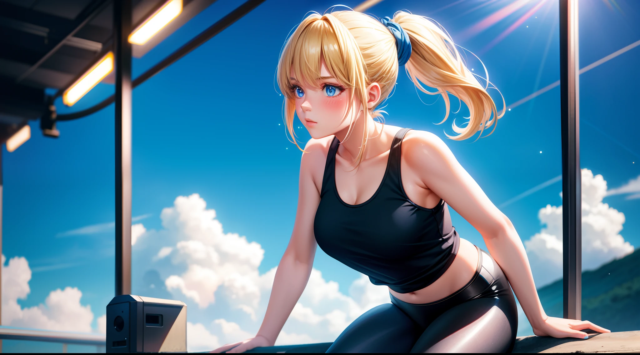 solo, 1 adult woman, blonde ponytail hair, sparkling blue eyes, realistic, tanktop, black legging, 8k resolution, ultra-detailed, masterpiece, highest quality, blush