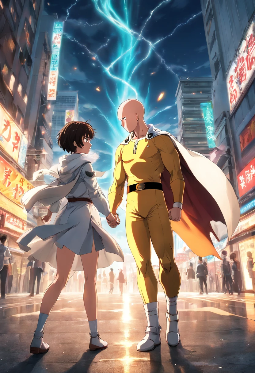 Escena de anime one Punch Man, saitama peleando con fubuki, muy detallado cg, textura detallada, hiperrealista, fondo de ciudad destruida, 8 k resolution, 32k resolution, cinematic lighting