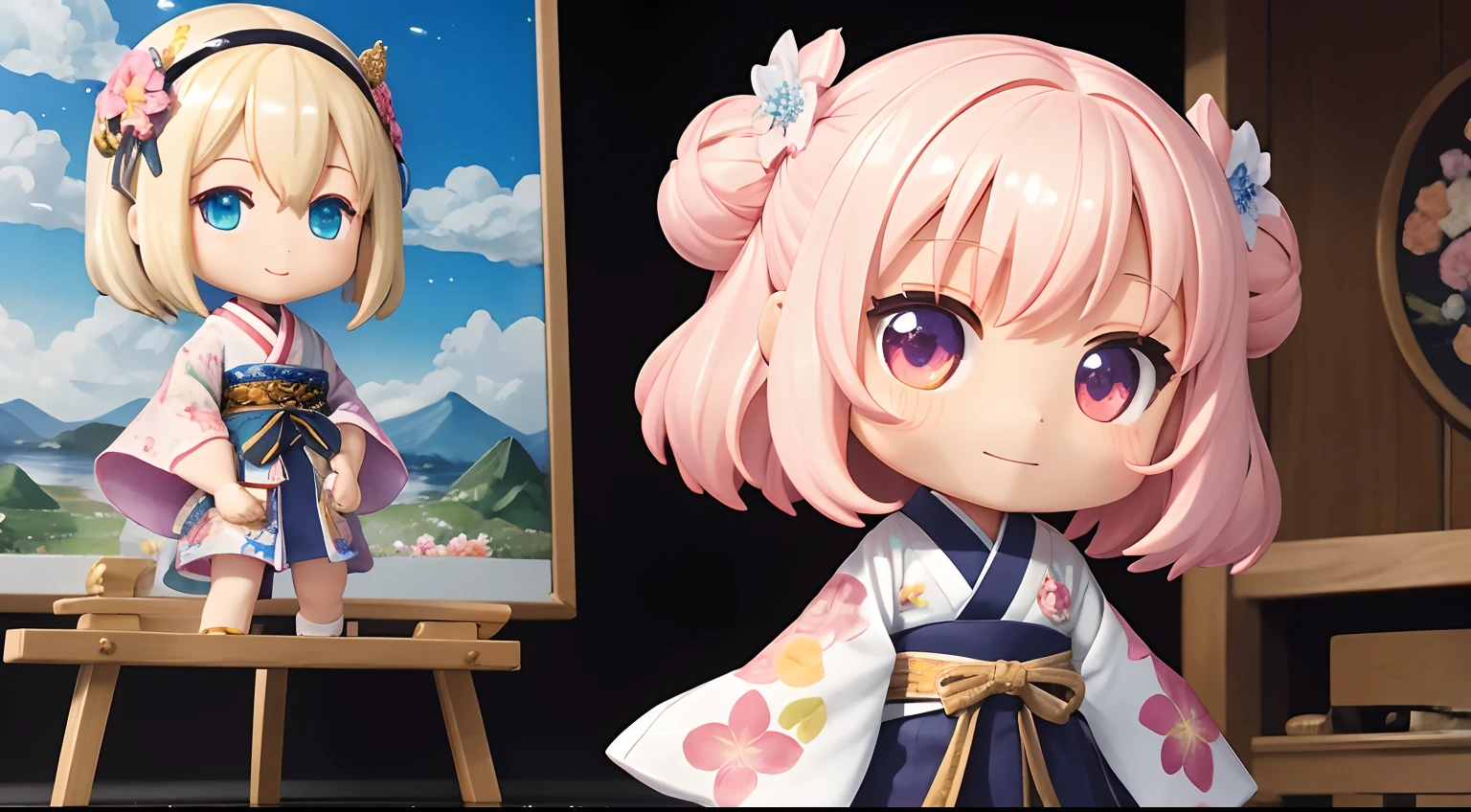 photoRealstic、Doll standing in front of the painting(nendroid)、A smile、Water droplets on the cheeks、In a cute pose、Sengai、pixiv、rokoko、dollfie dream、watercolor Nendoroid、(High Definition Figure)、Flowing iridescent silk、up of face、Eye Up、Komono、Kimono、There are also flowers in front of the nendroids、flower petals、season!!: 夏天☀ 🍂