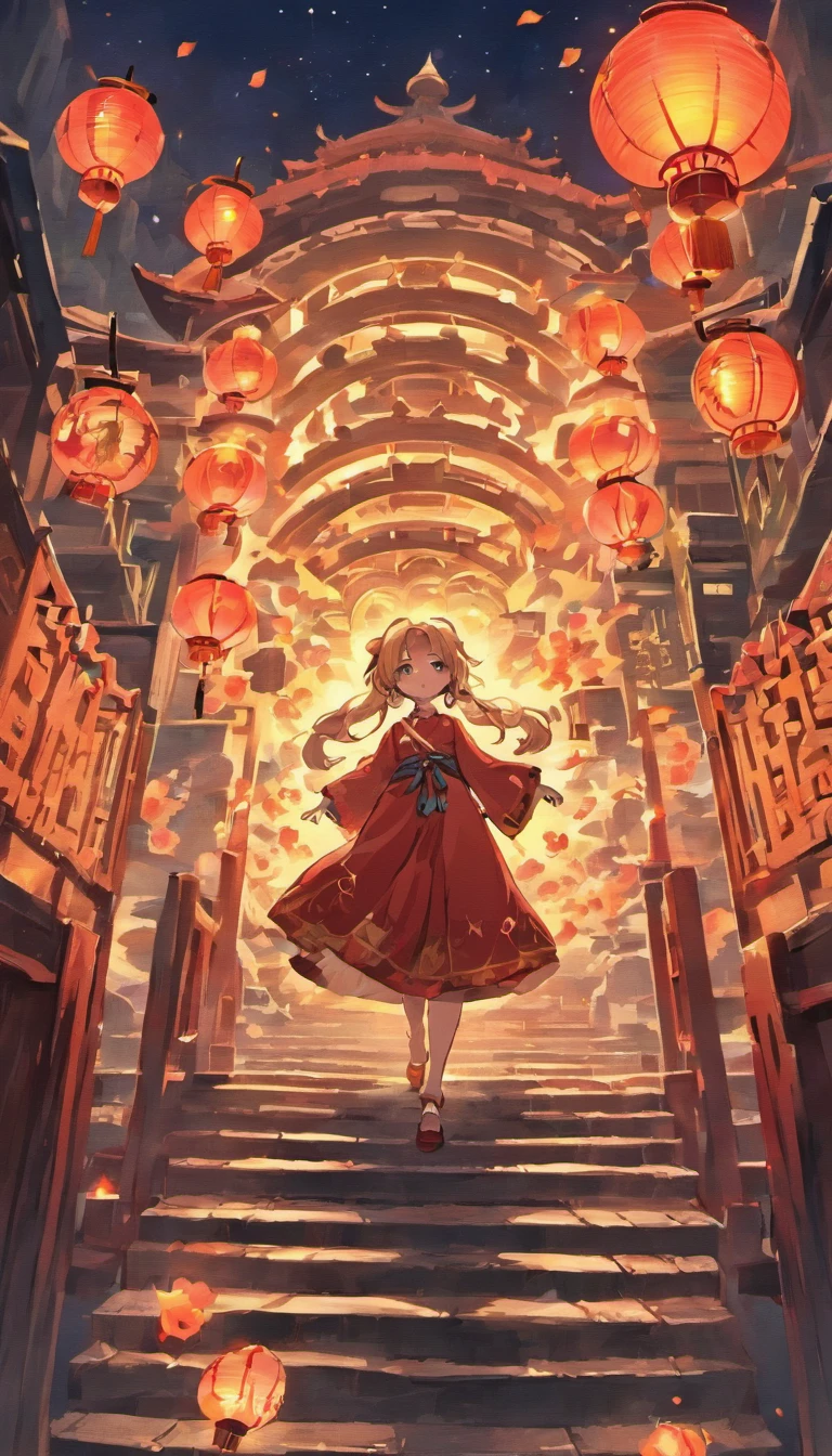 Mid-Autumn Festival，Moon cake， Auspicious clouds, Red lanterns, Exquisite ancient Chinese architecture, In the background is a huge moon, With vector line illustration, amarelo、Red and dark blue tones, Abstract picture, surrealism, Clear background trends, clear contour light, Edge light, fantasy, Dappled light, Flat illustration,Disney style, 8K, --AR 9:16 --q 2 --niji 5