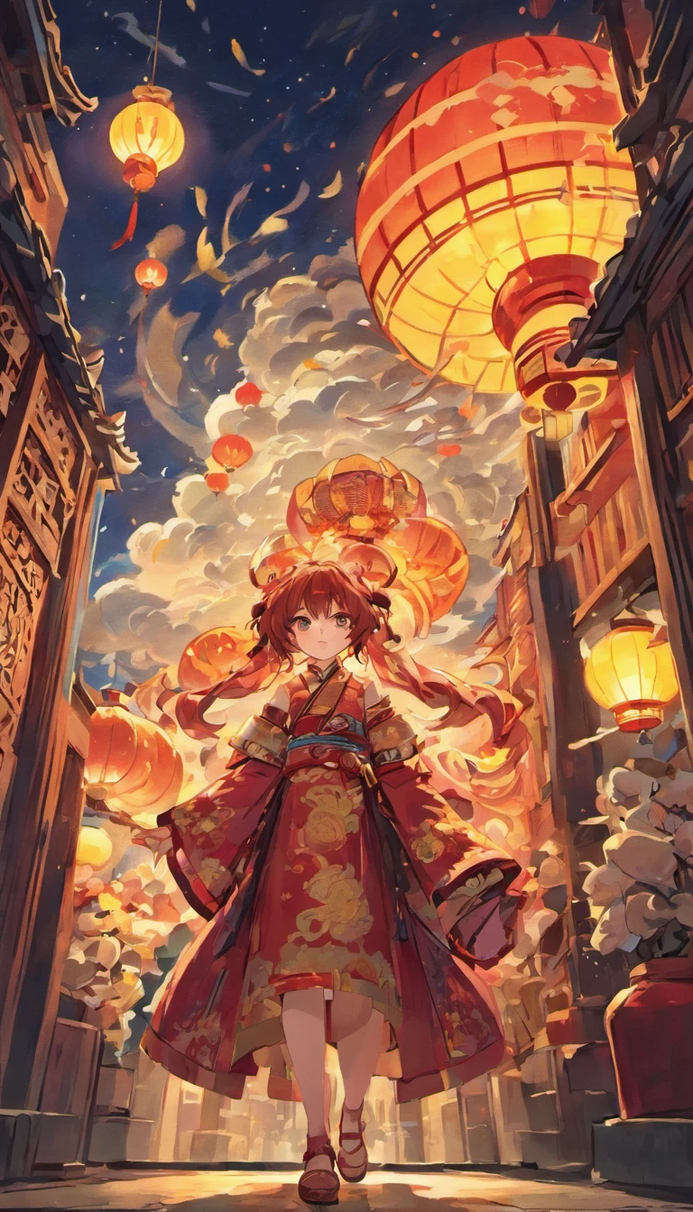 Mid-Autumn Festival，Moon cake， Auspicious clouds, Red lanterns, Exquisite ancient Chinese architecture, In the background is a huge moon, With vector line illustration, amarelo、Red and dark blue tones, Abstract picture, surrealism, Clear background trends, clear contour light, Edge light, fantasy, Dappled light, Flat illustration,Disney style, 8K, --AR 9:16 --q 2 --niji 5