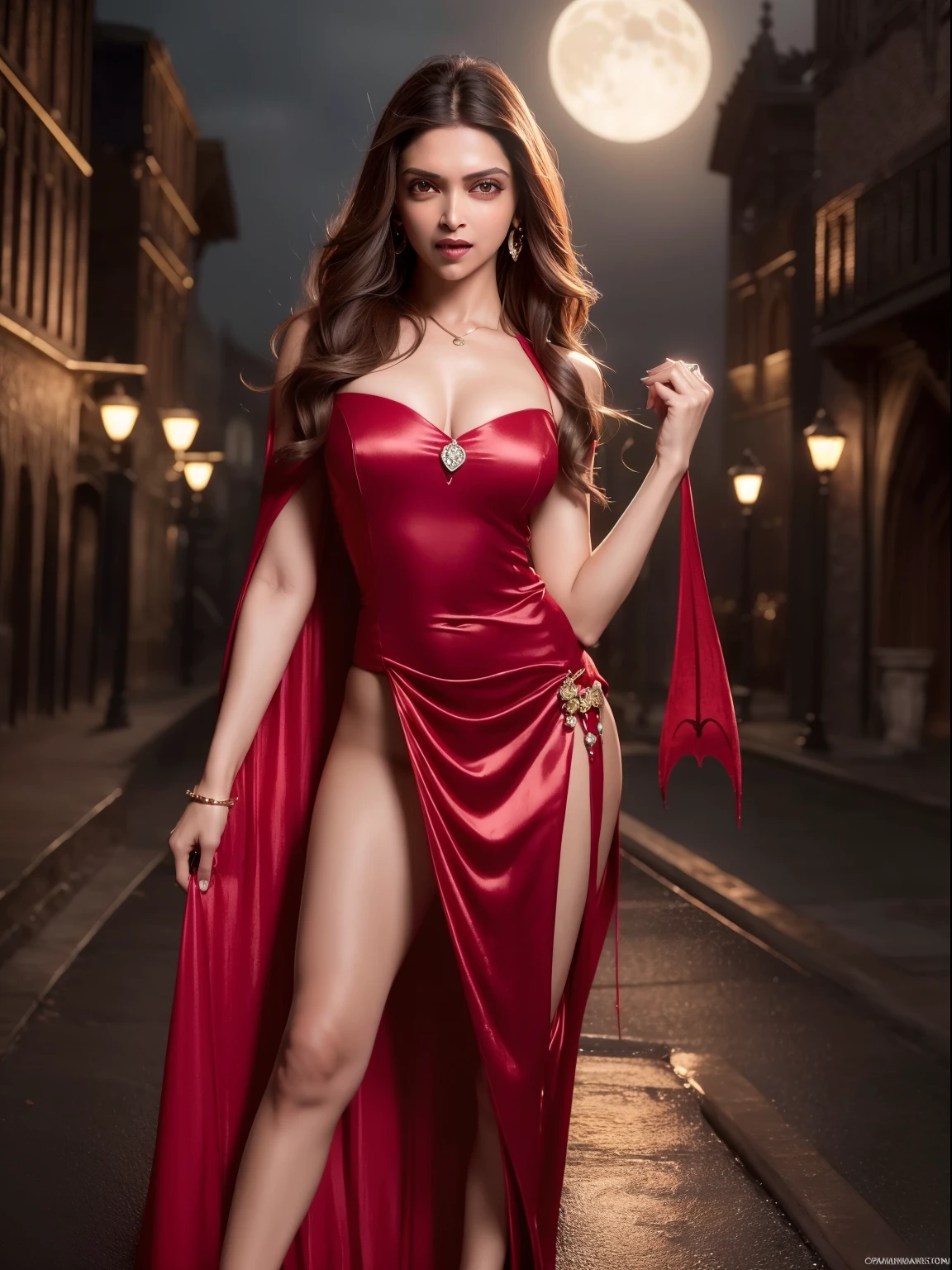 ((Deepika Padukone)), (realistic:1.4), (photorealistic), best quality, ultra high res, 
4k, instagram, ((sexy)), (erotic),
higly detailed, 
1 girl,
(vampire costume:1.5), red sexy costume, cleavage, 
long hair, bangs,
at the dark night,
fullmoon,
smile,  (Cinematic), (8k)