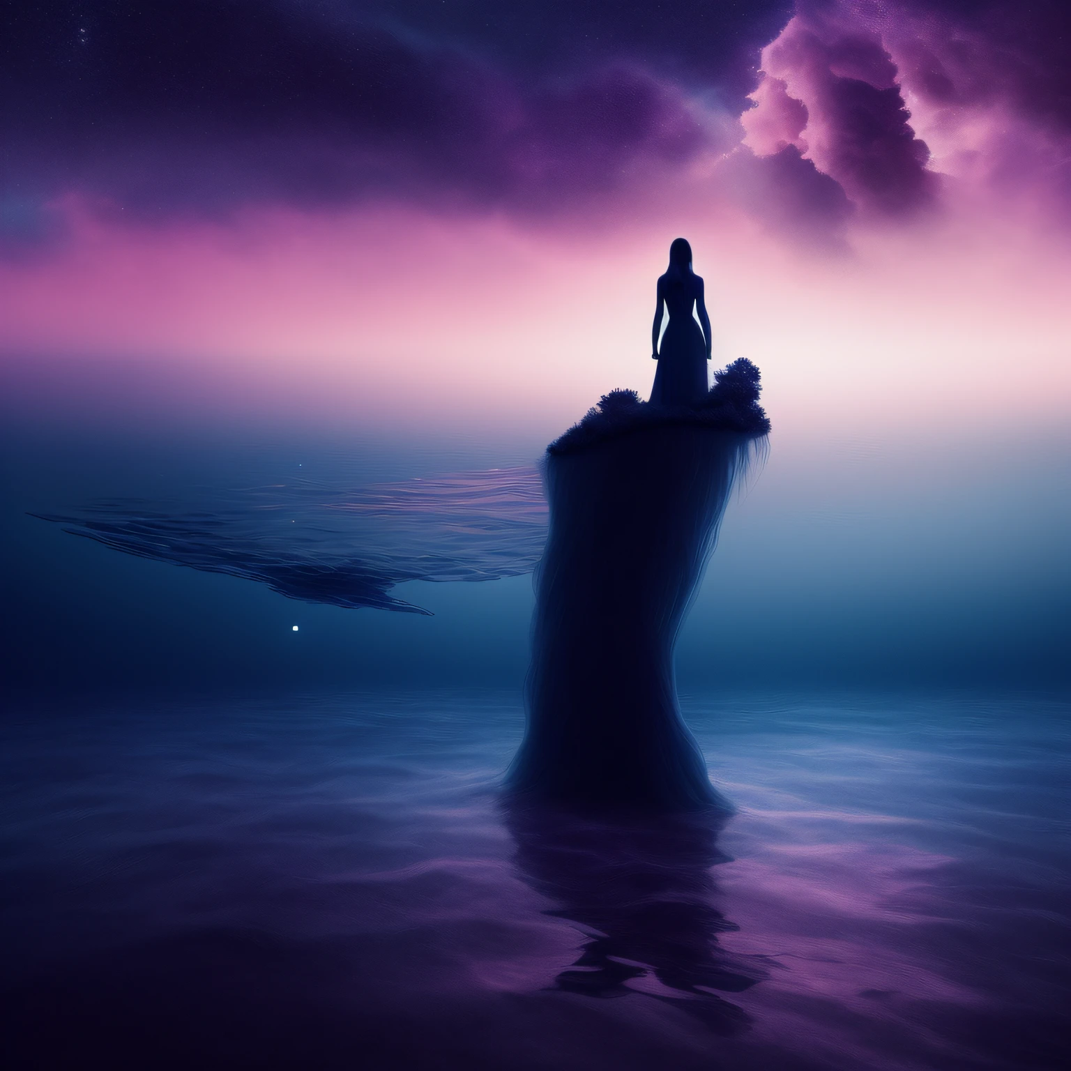 There is a woman standing in the water with a foreign object, « Femme on a galactic shore, escena surrealista, en el multiverso, floating across the cosmic ocean, flotando junto a planetas, Surreal Dark Otherworldly Mood, flotando en el universo, Floatiung frente a una nebulosa, in a surreal dreamscape, Neosurrealismo. Arte digital, Surreal dreamscape octane render 4k