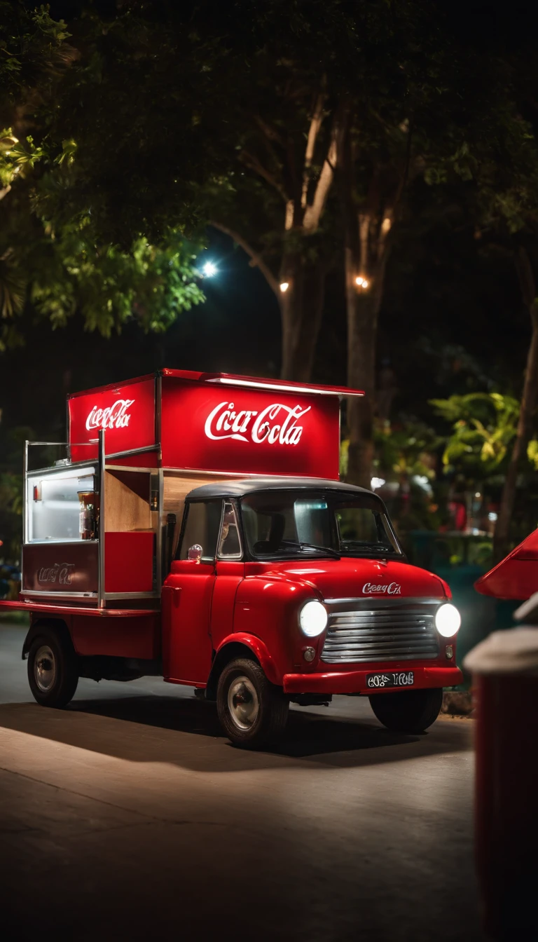 a festival vibe 'CoCa CoLa' mini modern sales truck with open back door to sell drinks in the park, in the night, urban 'Ho Chi Minh city' background, directly view point at the back of the truck,
