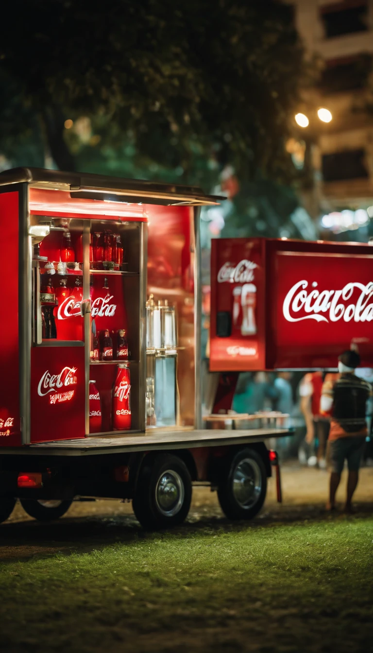 a festival vibe 'CoCa CoLa' mini modern sales truck with open back door to sell drinks in the park, in the night, urban 'Ho Chi Minh city' background, directly view point at the back of the truck,