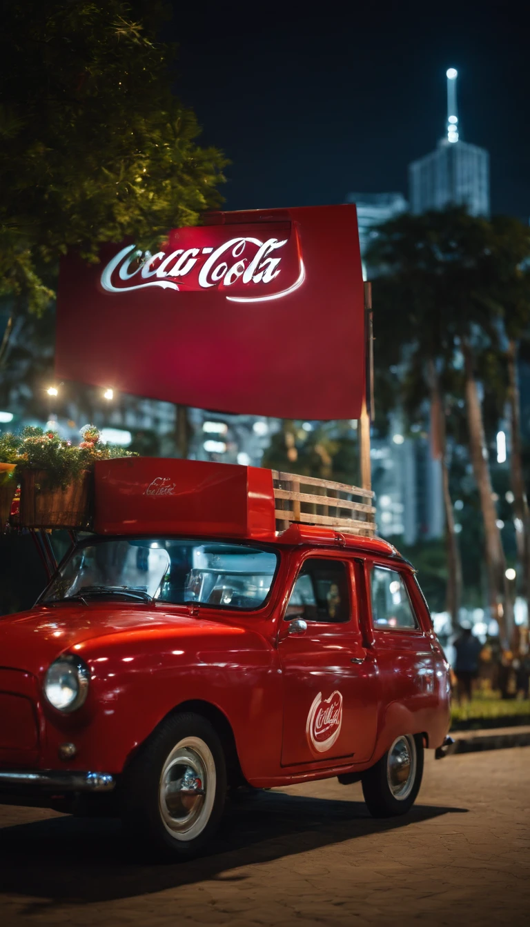 a festival vibe 'CoCa CoLa' mini modern sales truck with open back door to sell drinks in the park, in the night, urban 'Ho Chi Minh city' background, directly view point at the back of the truck,