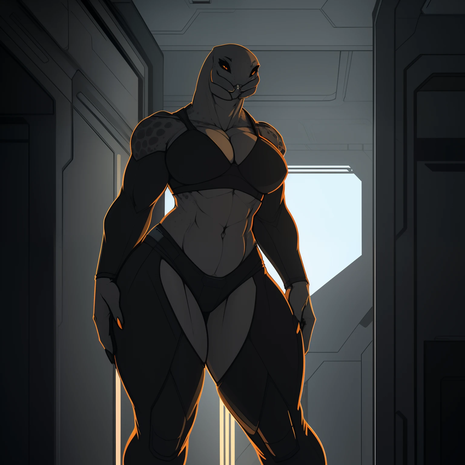 Tall_thick_bodied_Muscular_mature_sangheili female dark_gray_scaled_body orange_iris black_sclera solo Masterpiece best_quality absurdres highly_detailed cleanly_drawn_eyes anthro_only by_claweddrip, by_greasymojo, by_underscore-b, by_runawaystride