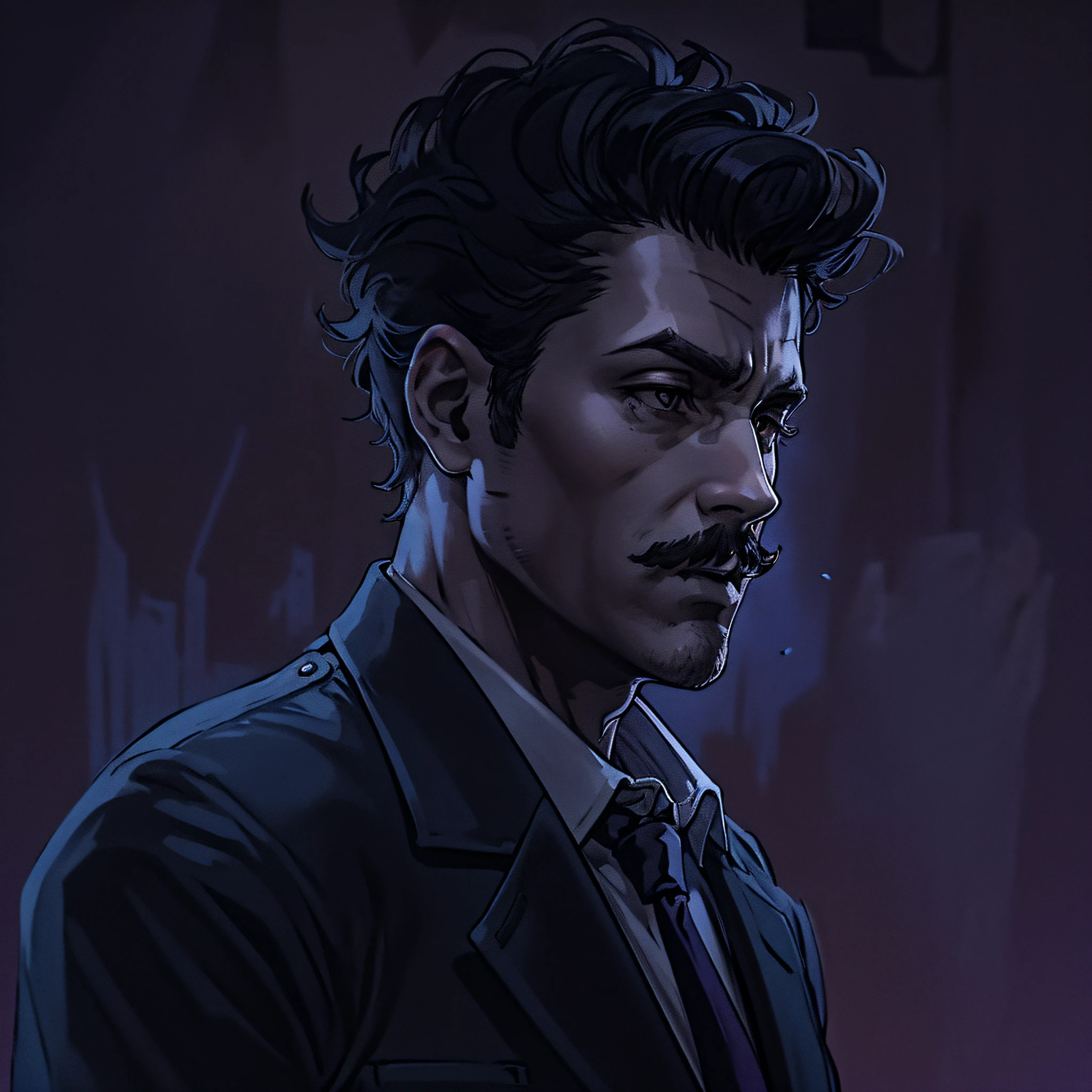 (((noir))) Detective, Homem latino de 25 anos , sobretudo de detective (((not wearing a tie))) black and purple black pants and hair (((preto))) (((grande))) and curly and chaotic and small mustache, ((( Single purple hard light from top to bottom))), with your hands in your pockets , night , dimly lit