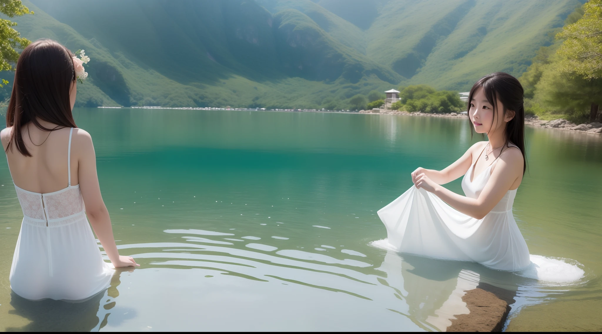 Girl swimming in the lake, 独奏, Dressed in a white dress, Elegant, artistic,  (Photorealsitic: 1.4), top-quality, ​masterpiece, ultra-detailliert