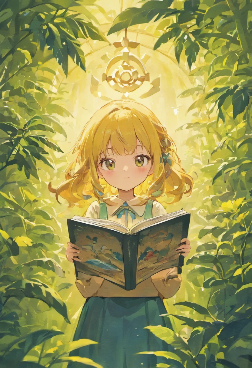 a book with little girl holding up a picture of a potted plant, in the style of detailed character illustrations, lilia alvarado, playful cartoonish illustrations, honeycore, close-up, digital illustration, made of insects