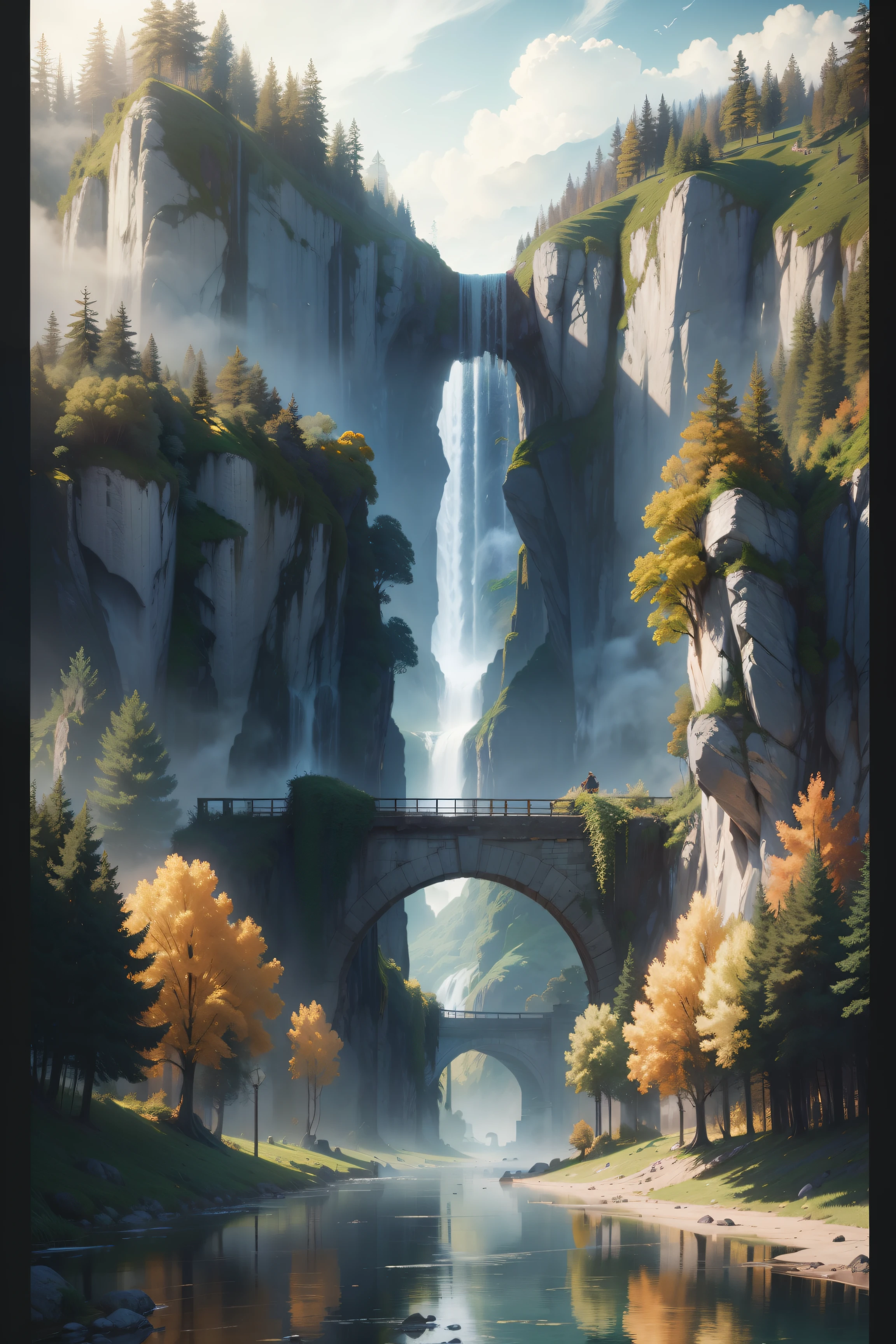 Style, ChromaV5, nvinkpunk, (extremely detailed 8k CG unit wallpaper), an image of a majestic river, trees on the sides, small waterfall, intense fog, award-winning photography, chromatic aberration, detailed, HDR, Bloom, Monet style, Pissarro and Sisley, trend at ArtStation, trend at CGSociety, midjourney art