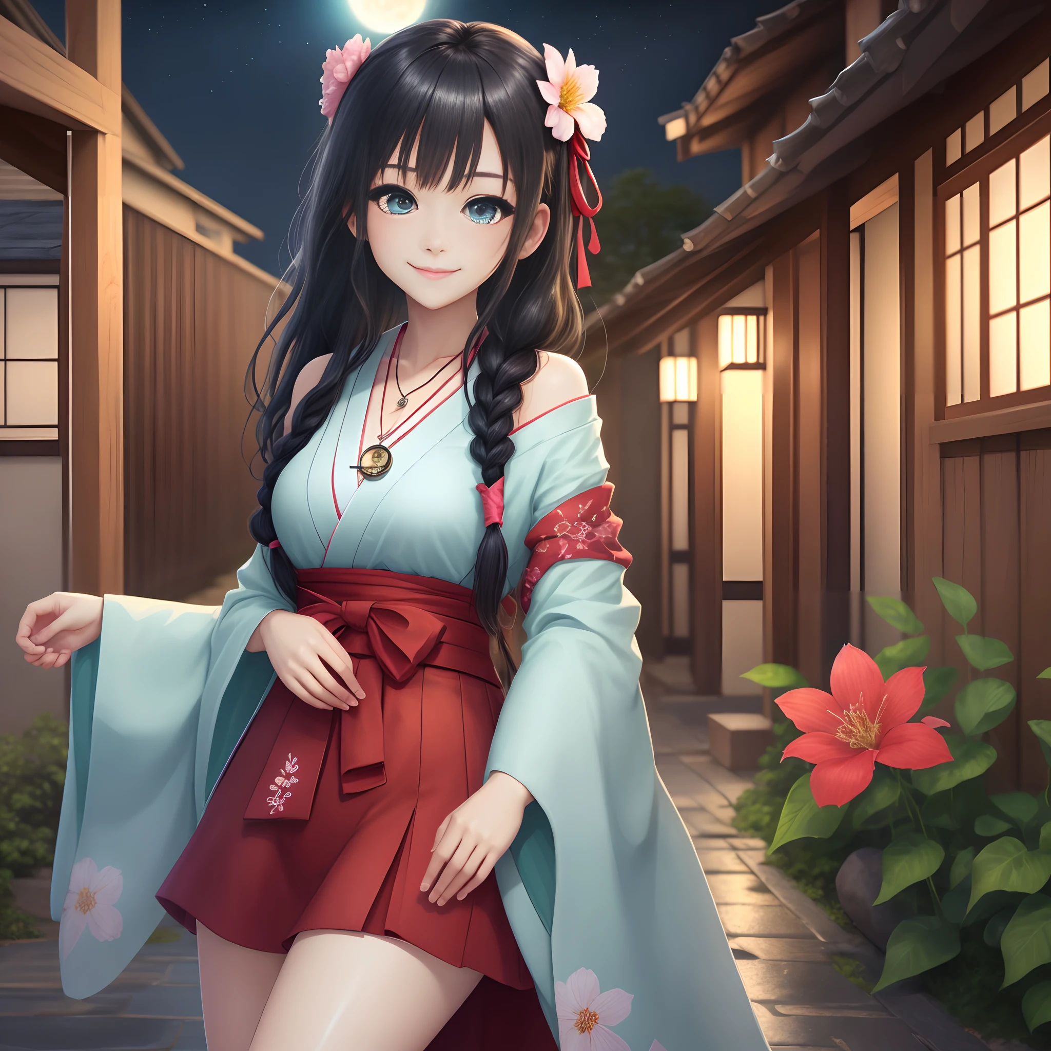 @dong masterpiece,best quality,masterpiece,best quality,official art,extremely detailed cg unity 8k wallpaper,night,in summer,moon,huge_filesize,girl,bishoujo,miko,long hair,black hair,wet hair,asymmetrical hair,side braid,braided bangs,hair tie,butterfly hair ornament,cute face,beautiful detailed eyes,aqua eyes,light smile,shy,medium breasts,japanese_clothes,flower ribbon,pendant,head tilt,hair blowing