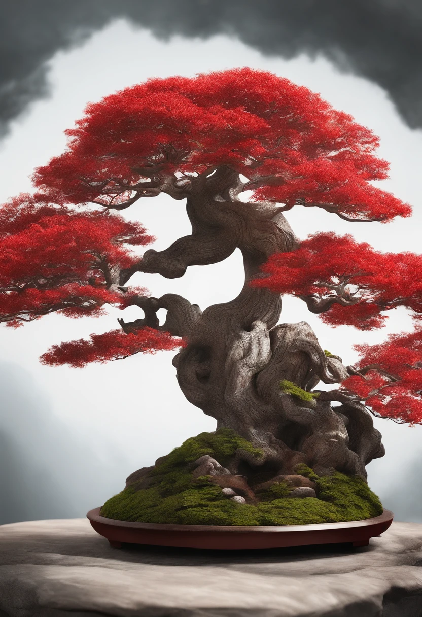 A red leaf tree,It says bonsai syrup, Bonsai, Made from bonsai, inspired by Yoshida Hanbei,Inspired by Oscar Dominguez, concept art 2022, white backgrounid