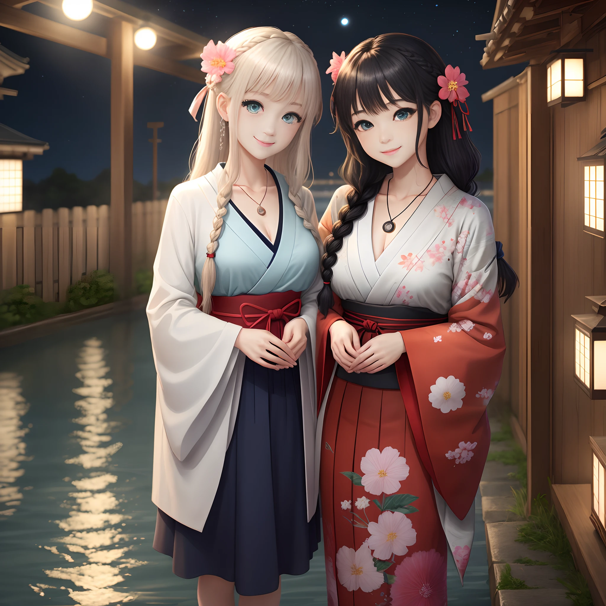 @dong masterpiece,best quality,masterpiece,best quality,official art,extremely detailed cg unity 8k wallpaper,night,in summer,moon,huge_filesize,girl,bishoujo,miko,long hair,black hair,wet hair,asymmetrical hair,side braid,braided bangs,hair tie,butterfly hair ornament,cute face,beautiful detailed eyes,aqua eyes,light smile,shy,medium breasts,japanese_clothes,flower ribbon,pendant,head tilt,hair blowing